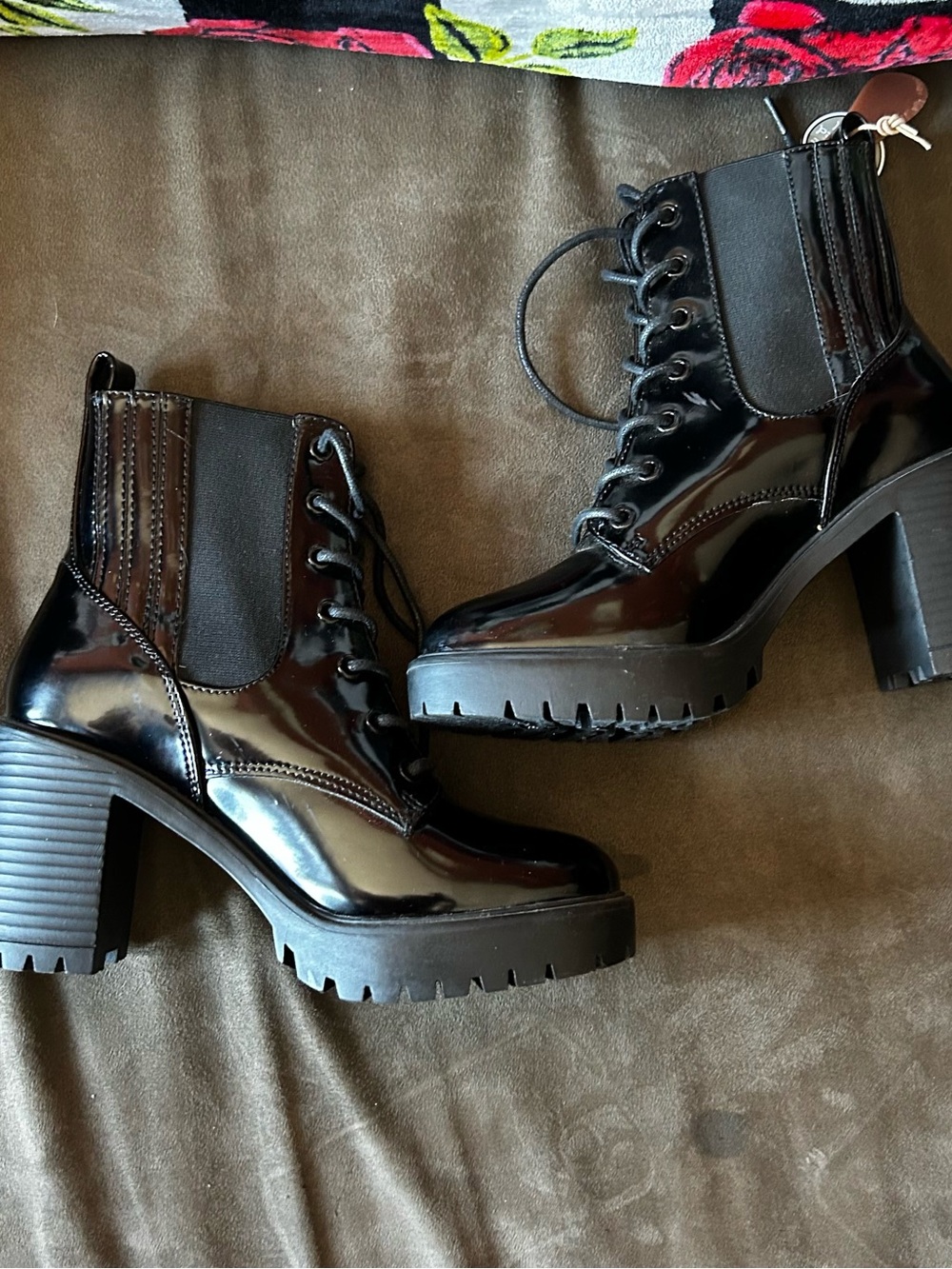MIA Black Patent Lace-Up Chunky Heel Boots